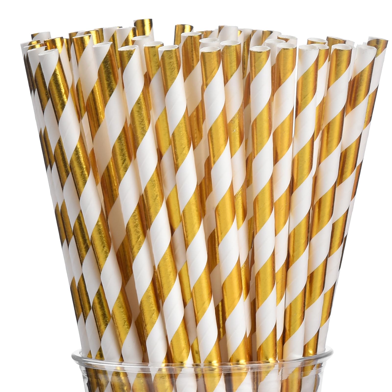 ALINK 100 White and Gold Striped Paper Straws, Biodegradable Disposable Drinking Straws for Birthday, Bridal/Baby Shower, Christmas, New Year, Party