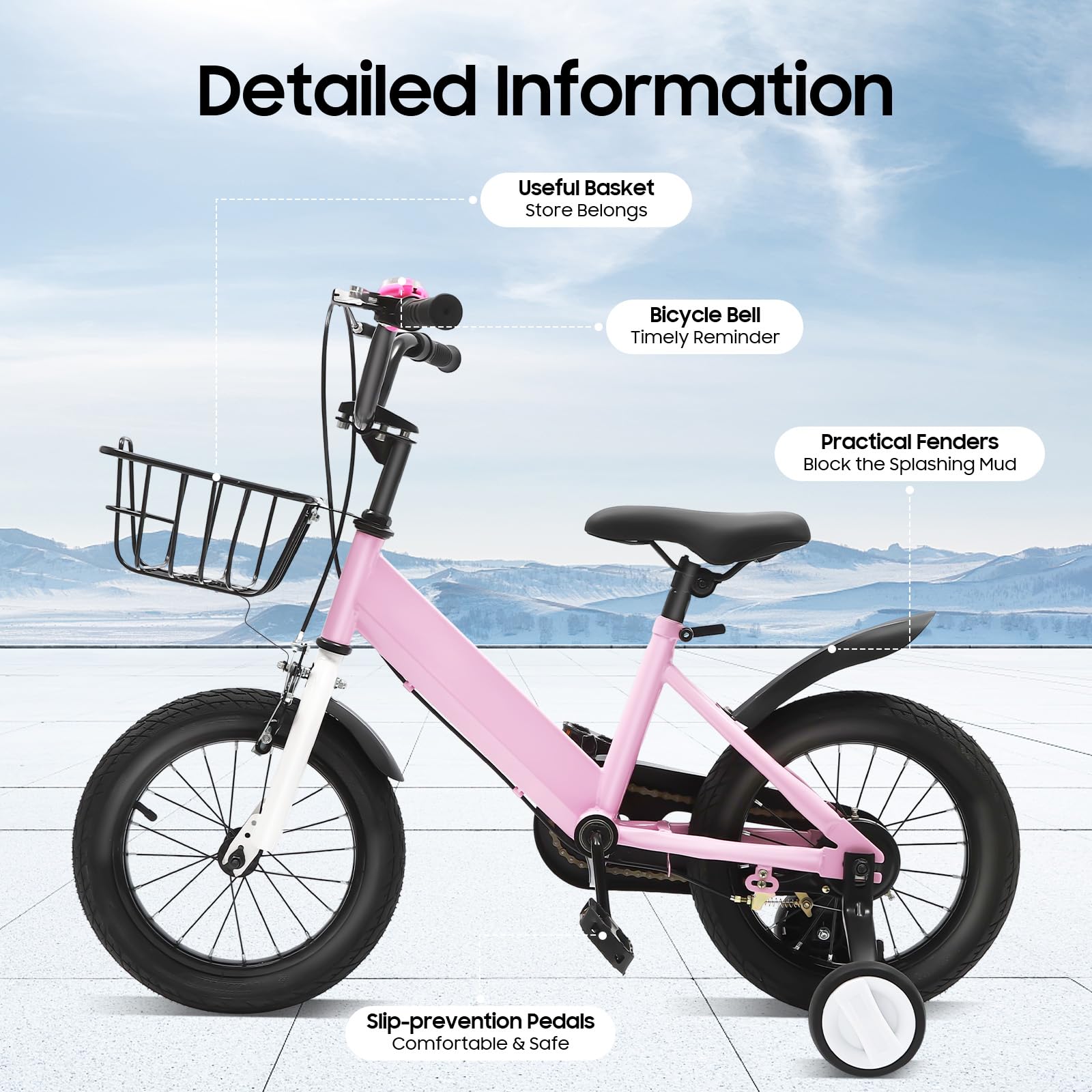 Bicicleta infantil de 14 pulgadas, con ruedines, cesta y borlas para el manillar en color rosa, para niñas y niños a partir de 3-5 años, manillar y asiento ajustables en altura, freno delantero