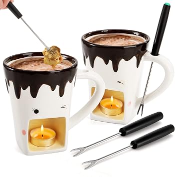 Dicunoy 2 Set Fondue Mug with Fork, Chocolate Melting Cup for Cheese Gift