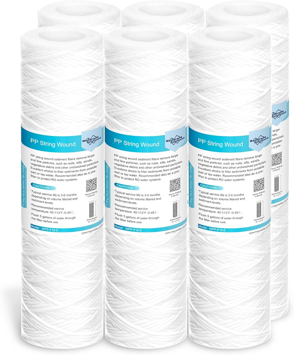 Membrane Solutions 5 Micron 10"x2.5" String Wound Whole House Water Filter Replacement Cartridge Universal Sediment Filters for Well Water - 6 Pack