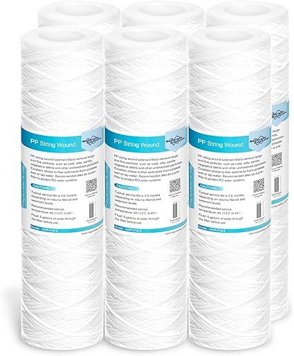 Membrane Solutions 5 Micron 10"x2.5" String Wound Whole House Water Filter Replacement Cartridge Universal Sediment Filters for Well Water - 6 Pack