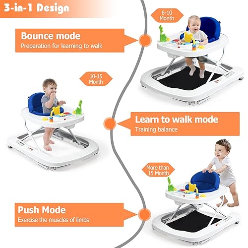 Miniatura 2 de INFANS Caminador plegable para bebé 3 en 1 caminador para niños pequeños asiento de aprendizaje caminar atrás música altura ajustable asiento