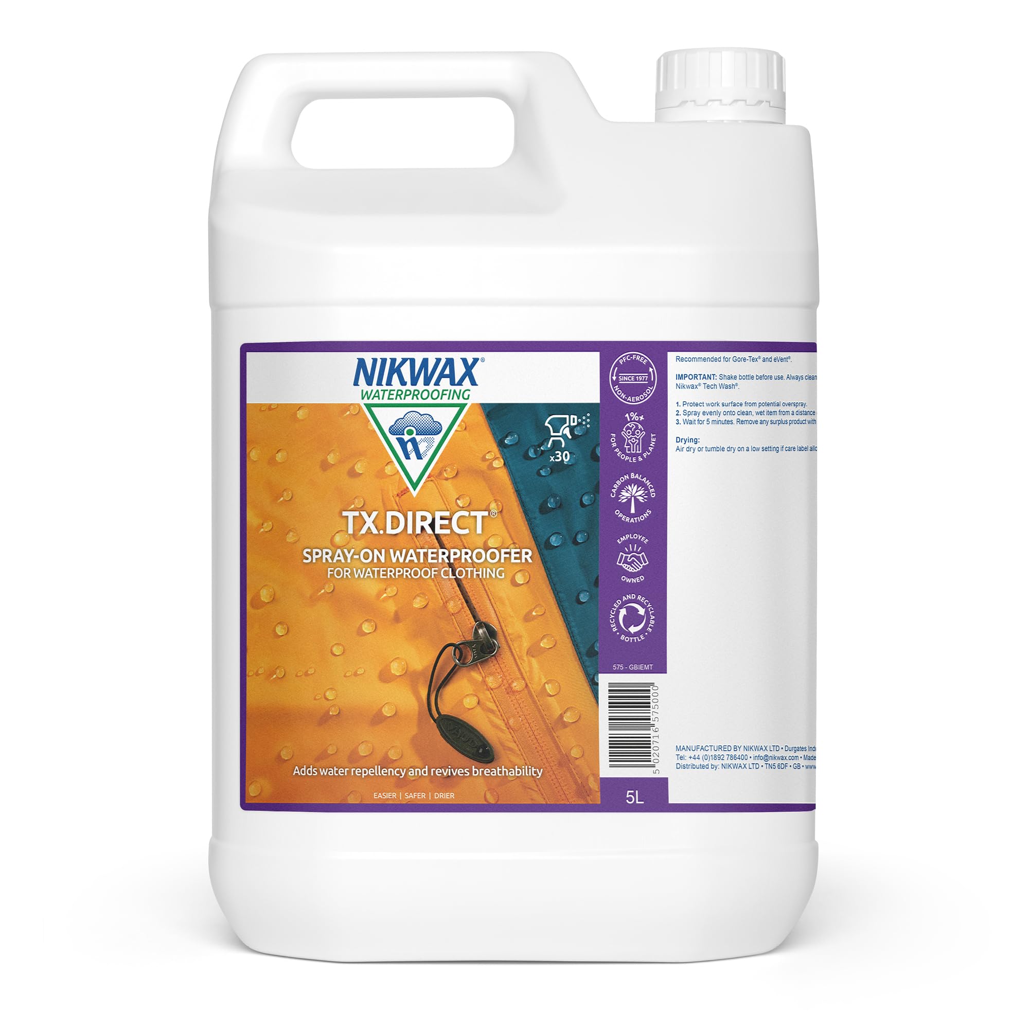 TX.DIRECT Spray-On Waterproofer 5 Litre, Powerful Waterproofing Spray For Outdoor Clothing, Restores Waterproof Treatment for Jackets and Wet Weather Clothing