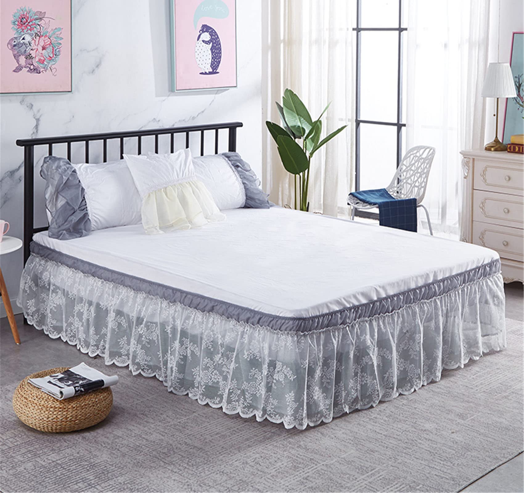 Surwin Pleated Bed Valance Sheet Single Double King Size Lace Embroidery Bed Base Wrap Extra Deep Frilled Fitted Valance Sheet Easy Care Bed Skirt Soft Breathable (Grey,200x220x40cm)