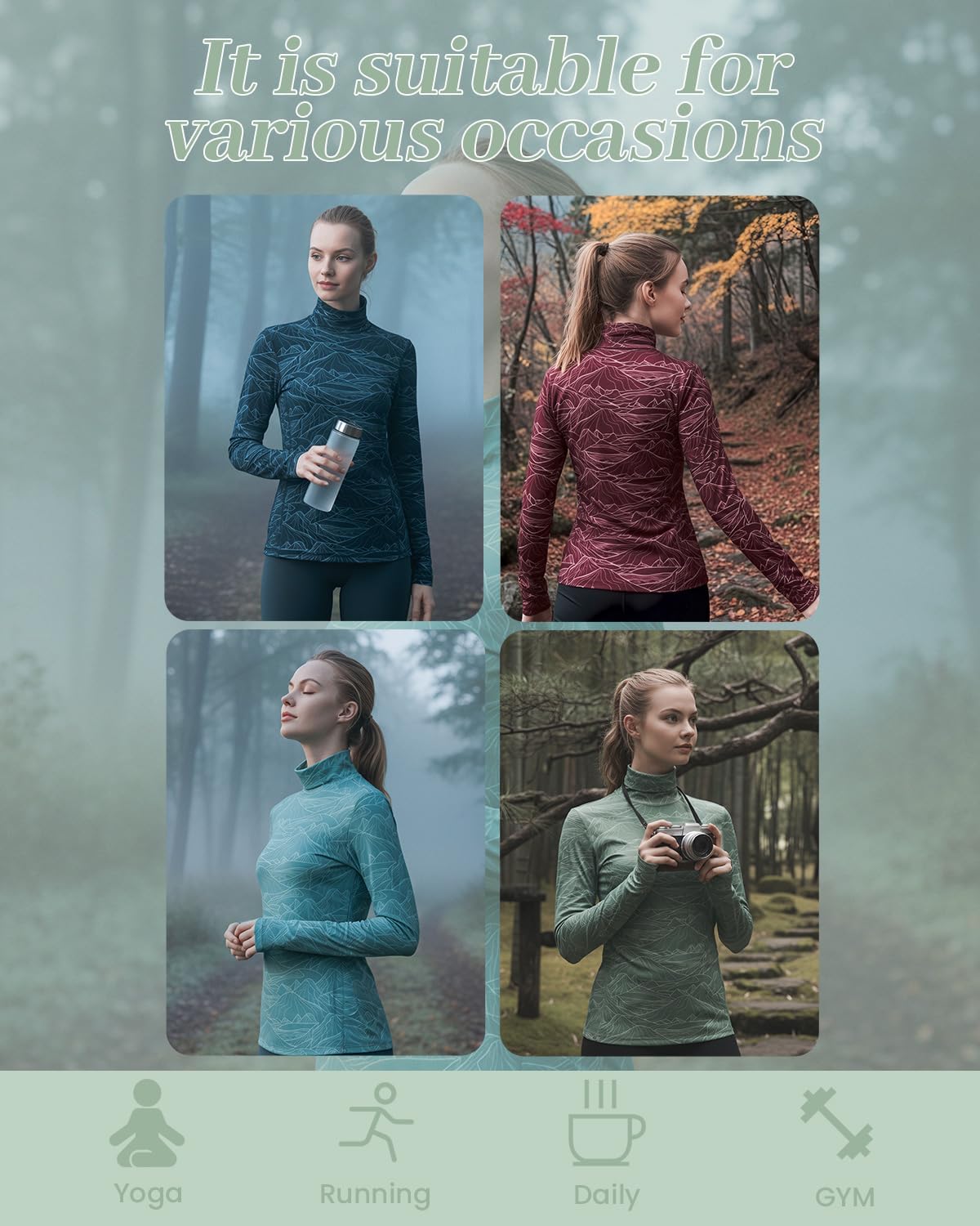 Women's Slim Fit Turtleneck Base Layer Long Sleeve Top, Mountain Print, Moisture-Wicking for Workouts & Outdoor - Image 4