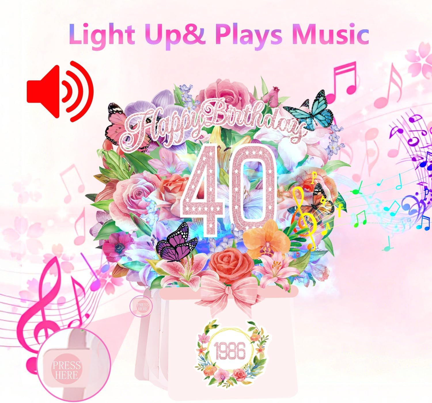 40th Birthday Cards, Light and Music 40 Years Old Happy Birthday Card, Rose Lily Orchid and Butterflies, 10 Inch Forever Flower Bouquet 3D Pop Up 1986 Birthday Gift Card for Women Wife Mom Daughter Sister - Image 2