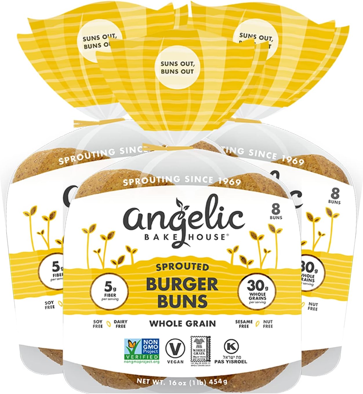 Angelic Bakehouse Burger Buns Pack - Sprouted Whole Grains - Vegan, Kosher and Non-GMO (24 Buns), 16 Oz (Pack of 3)