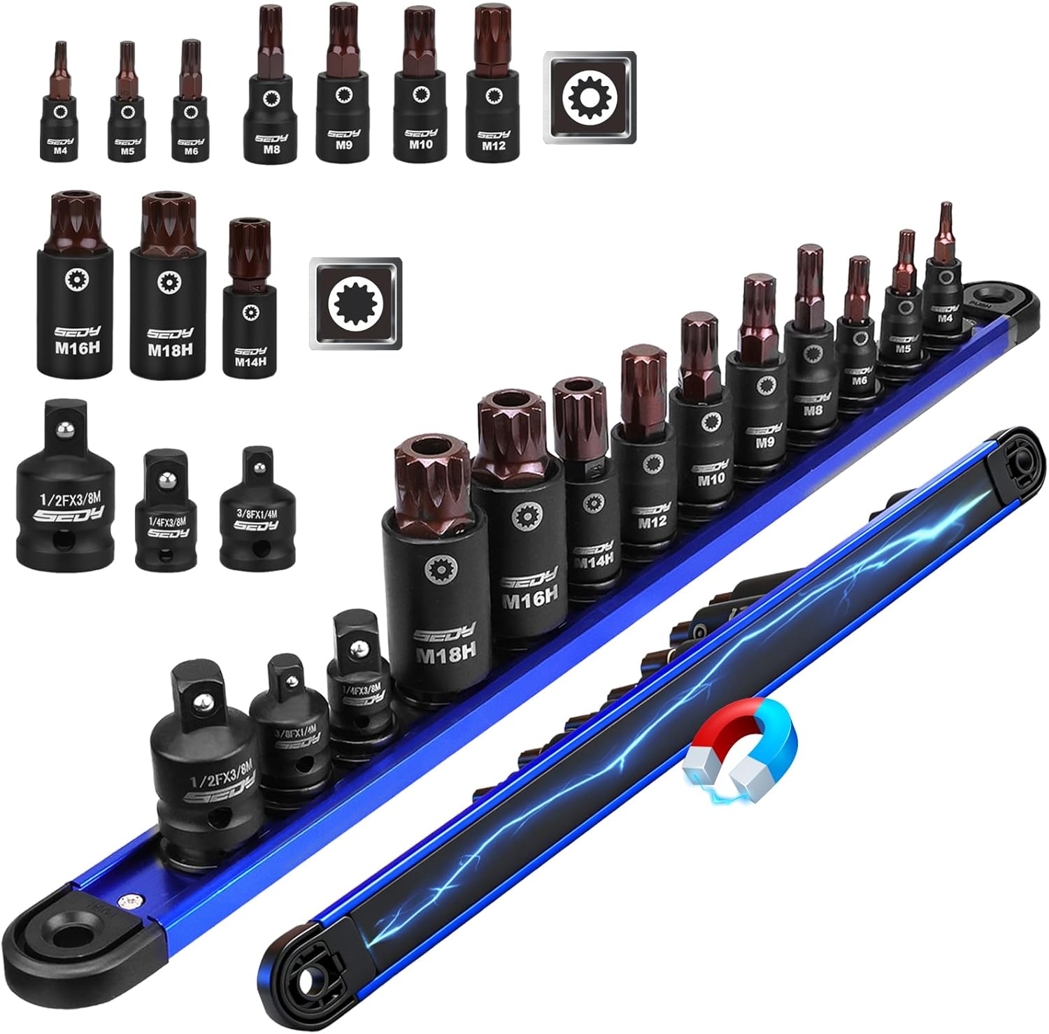 Triple-Square Spline Bit Socket Set: 13-Piece Socket Set with Magnetic Socket Rail Organizer, 1/4,3/8,1/2-inch Drive M4-M18 12 Point Bit Socket Set for Garages Workshops