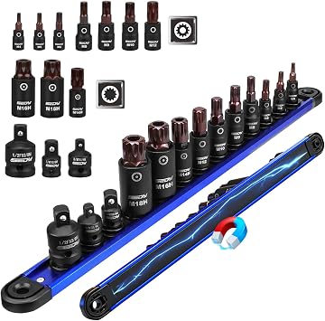 Triple-Square Spline Bit Socket Set 13-Piece Socket Set with Magnetic Socket Rail Organizer, 1/4,3/8,1/2-inch Drive M4-M18 12 Point Bit Socket Set for Garages Workshops