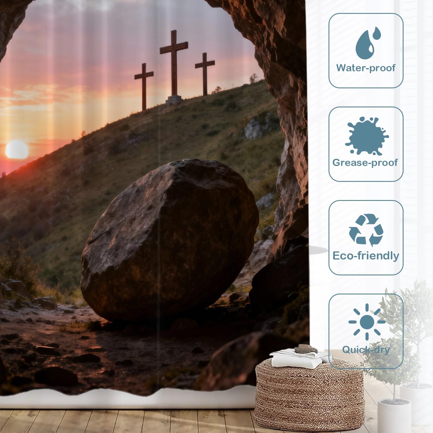 Batmerry Brown Christian Christian Decor Shower Curtain, Risen Bathroom Decor Polyester Fiber Plastic Rings Quick-Drying Waterproof for Bathtubs/Bathroom, 72x72 inches