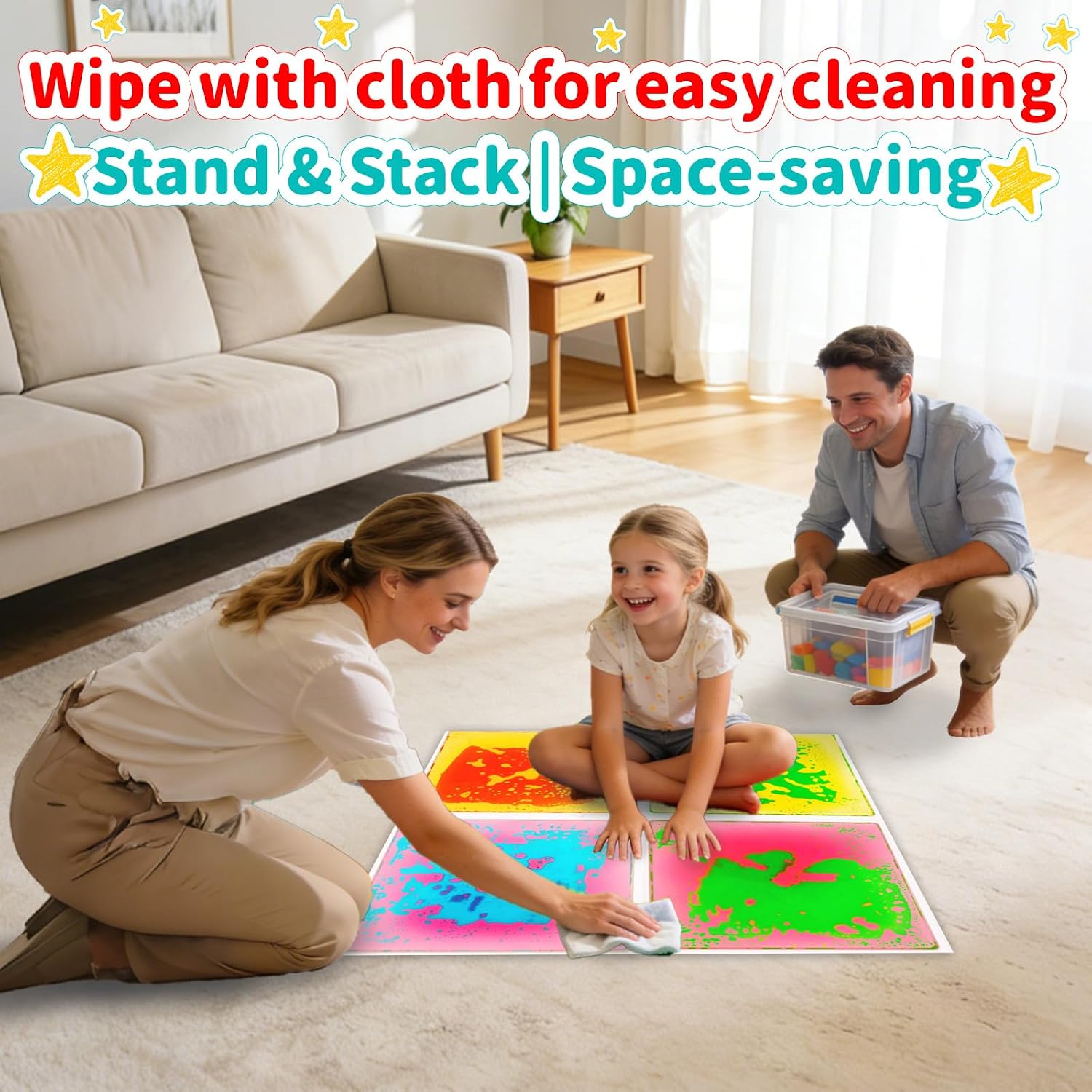 Sensory Floor Tiles for Kids: Liquid Fusion Activity Mat 4 Pack with One-Piece Glue-Free Sealing - Educational Fun Water Play Mats - Autistic Toddler Calming Toys for Indoor Early Learning（12X12inch）