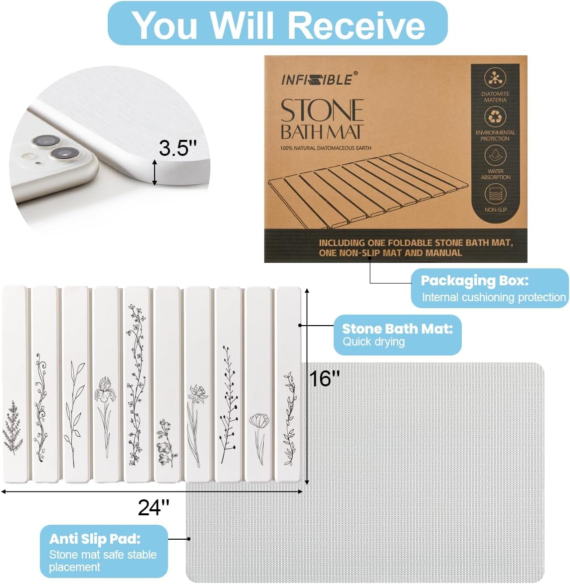 Foldable Stone Bath Mat - 24x16 Inch, Super Absorbent Diatomaceous Earth Large Bath Mats for Bathroom, Quick Dry Non-Slip Stone Drying Mats for Kitchen Counter & Bathtub (Black Floral Decor) - Image 8