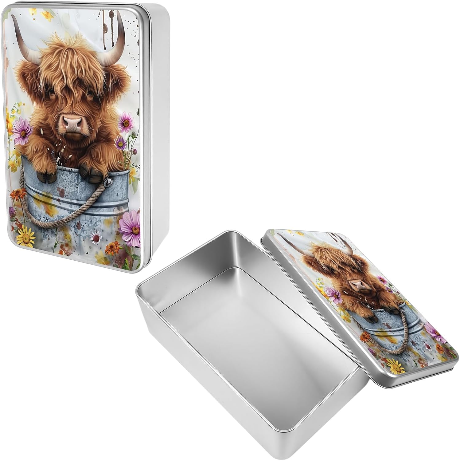 Metal Tin Box with Lids, 7x4.33x2.17 Inch Decorative Silver Large Rectangular Empty Tinplate Containers Cute Highland Cow Home Organizer for Cookies, Gifts, Crafts, Car Keys & Treats Storage