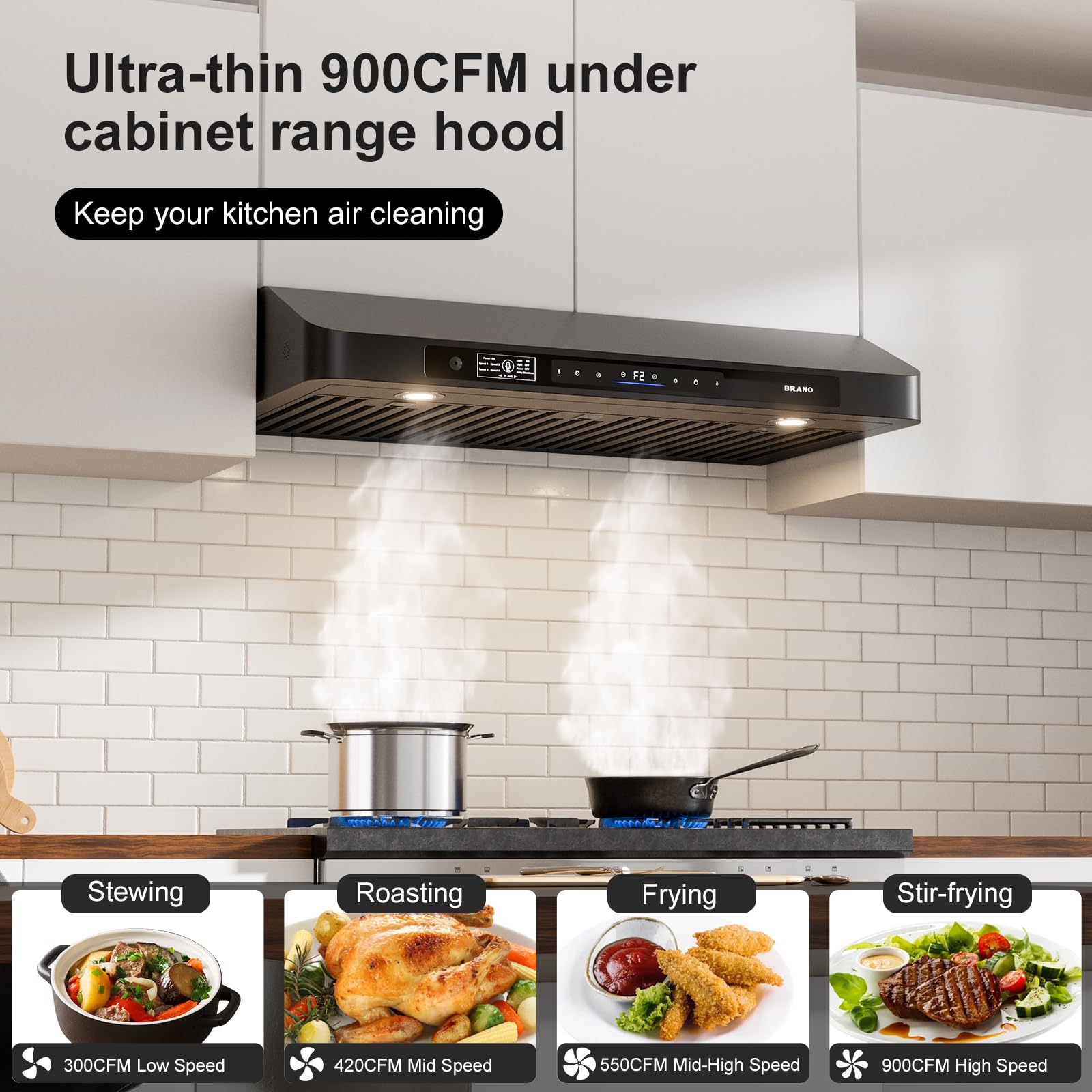 BRANO 36 Inch Under Cabinet Range Hood with Voice/Gesture/Touch Control, 900 CFM Kitchen Hood with 4-Speed Exhaust Fan, Stainless Steel Stove Hood with LED Lights, Baffle Filters - 3