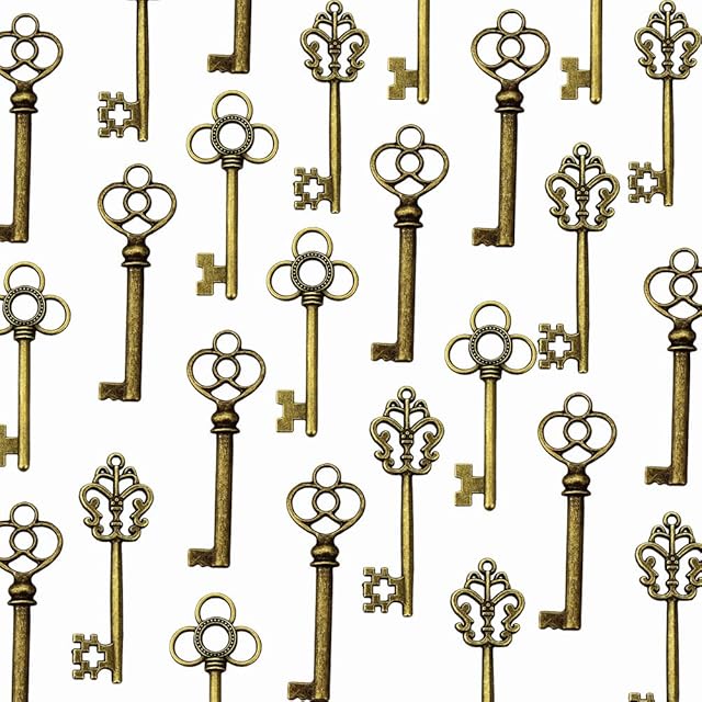 LolliBeads (TM) Mixed Set of 30 Large Skeleton Keys in Antique Bronze - Set of 30 Keys