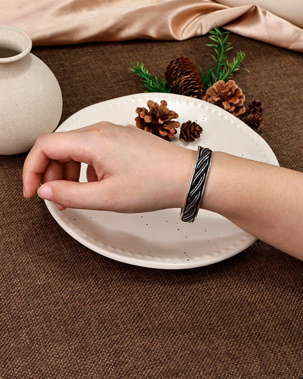 Vintage 925 Sterling Silver Bracelet, Exquisite Leaf Engraved Adjustable Bracelet, Vintage Jewelry Silver Bangle for Women - Image 2