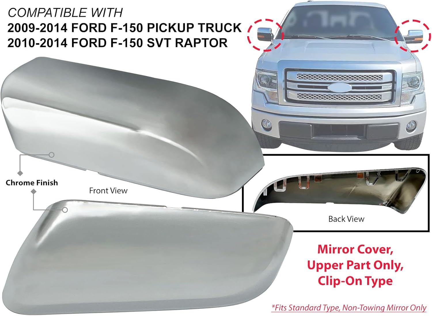 KAP Replcement for 2009-2014 F150 Mirror Cover Chrome Pair Passenger and Driver 9L3Z17D742CA 9L3Z17D743CA
