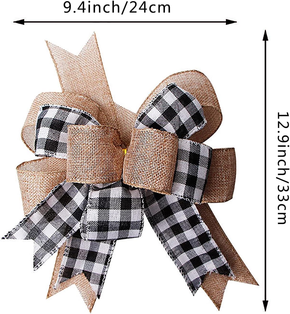 2Pack Black White Plaid Gift Bows Burlap Wreaths Bows Christmas Tree Topper for Wedding Holiday Birthday Party Decoration 12" x 9.4" - Image 2
