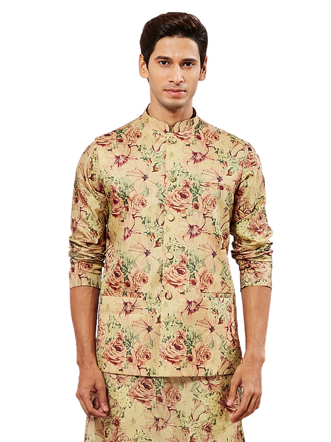 vastramay Men's Nehru Jacket || Classic Flower Print Silk Blend Printed Nehru jacket With straight Hemline || Ethnic Wear for Festivals, Weddings-picture-17