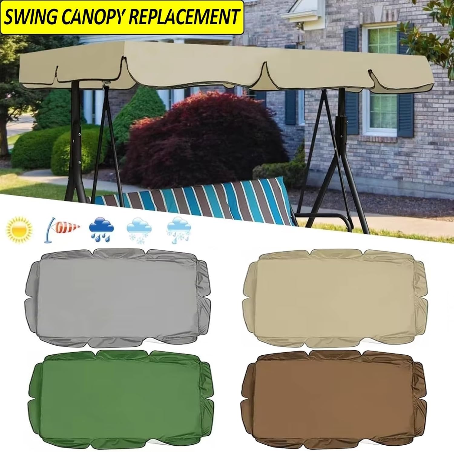 Swing Chair Canopy Replacement Waterproof 2-3 Seater Swing Chair Cover Outdoor Garden Porch Patio Swing Seat Sun Shade Awning,Coffee,64.5x44.8x5.9in