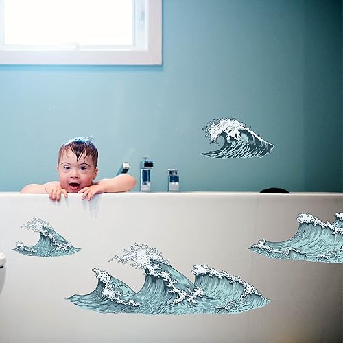 Miniatura 7 de PLIGREAT 6 calcomanías de pared con olas de mar y océano, removibles de vinilo para baño, dormitorio, sala de juegos, decoración de pared para el