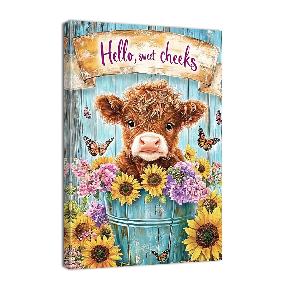 ZQQART Highland Cow Bathroom Wall Art Calf Baby in Bucket Canvas Painting Art Funny Animal Picture Yellow Daisy Painting Washroom Toilet Decor(Green,20.00" x 30.00")