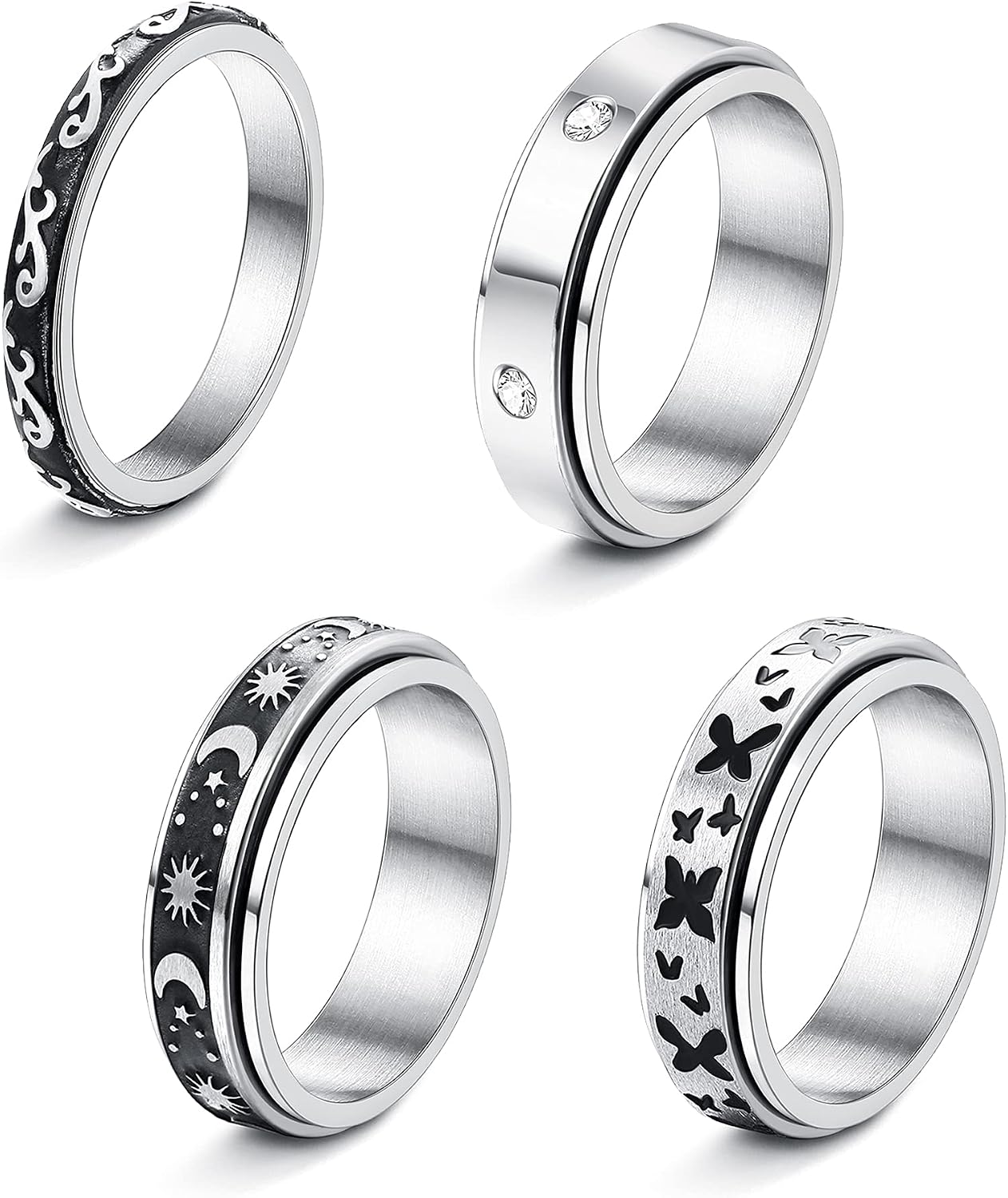 Jstyle 4Pcs Stainless Steel Fidget Band Rings for Women Mens Spinner Rings Flower Moon Star Cool Rings Stress Relieving Wedding Promise Rings Set