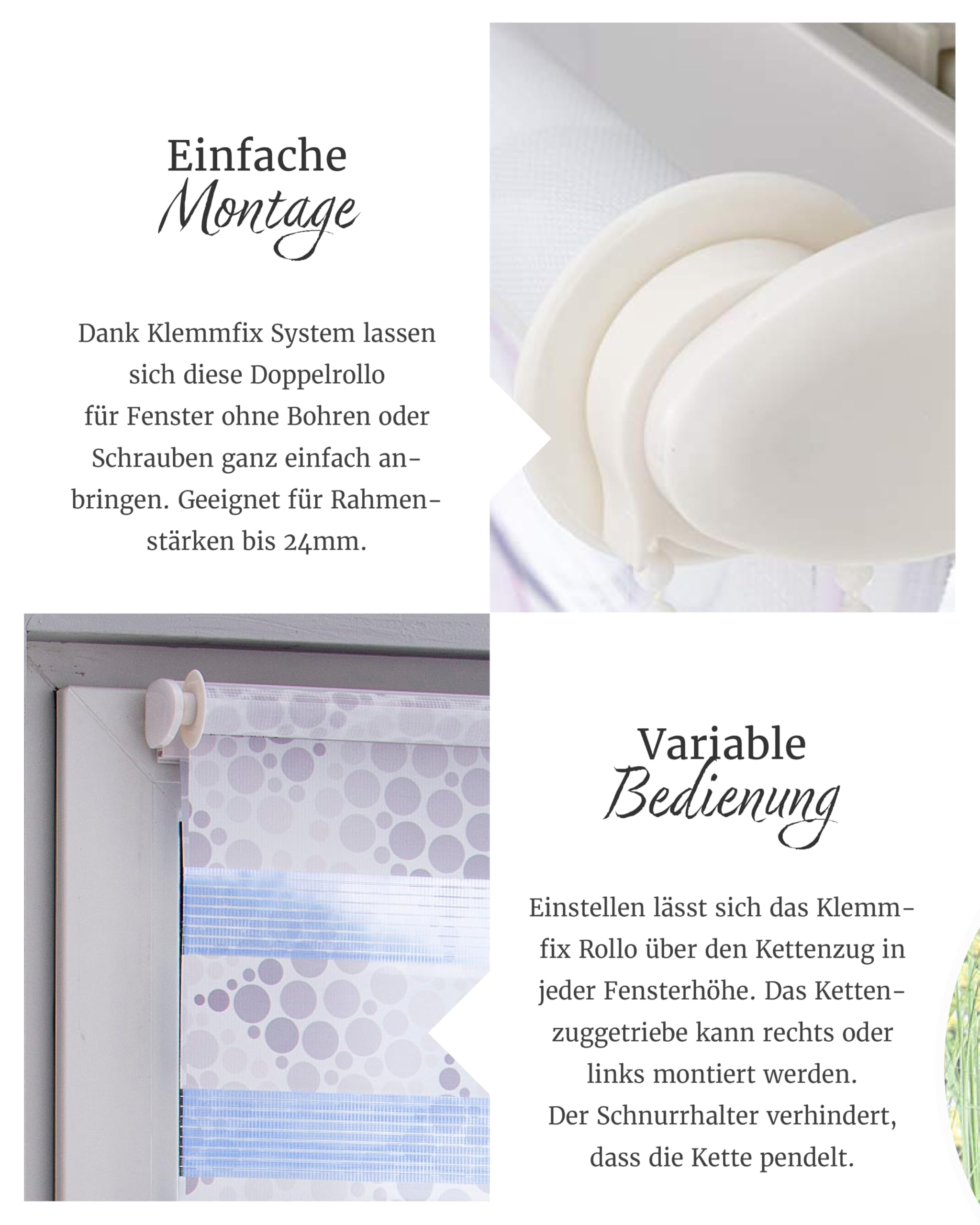 by Garesa Duo Rollo - Doppelrollo Klemmfix ohne Bohren 80 x 210 cm - Weißer Stoff mit grauen Kreisen, Fenster Sichtschutz und Lichtschutz, Mit Kettenzug