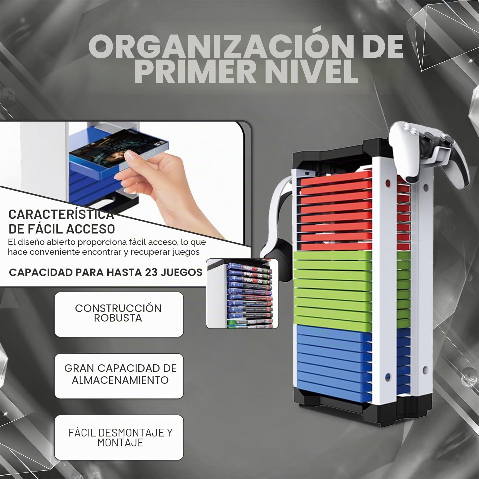Soporte para discos de juegos, torre de almacenamiento de juegos PS5 con 2 ganchos, 23 discos de CD de juegos, Vertical & Horizontal Estantería Discos, para juegos PS5/Xbox/Nintendo Switch