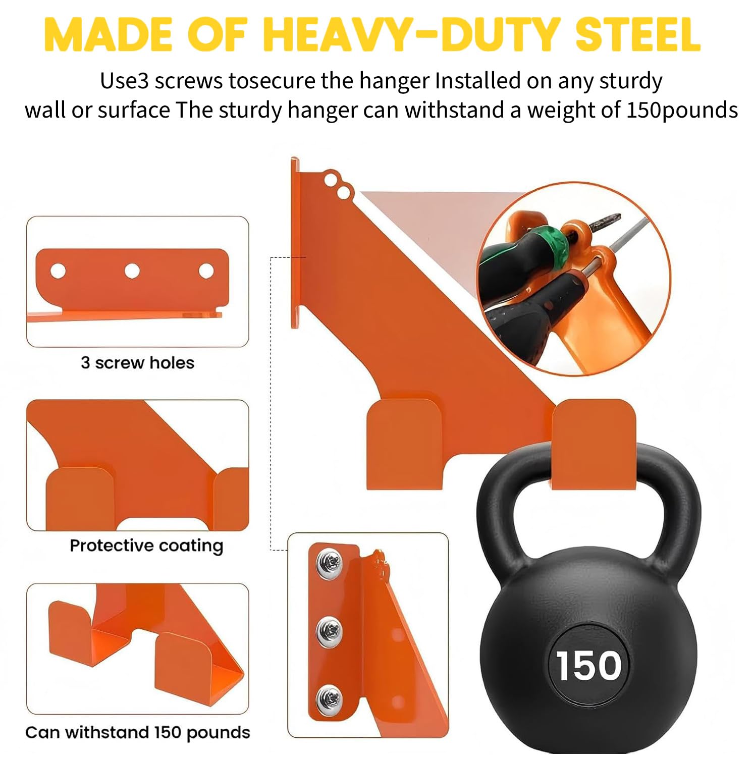 Soporte de pared para motosierra (juego de 2) – Soporte de hierro resistente hasta 68 kg, con protección de goma para asas, montaje horizontal/vertical, para garaje y taller (naranja)