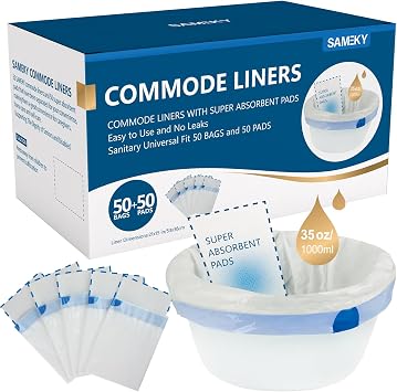 Commode Liners with Absorbent Pads | Value Pack 50 Count Universal Fit | Bedside Commode Liners Disposable and Pads for Adult Commode Chairs50Bags + 50Pads