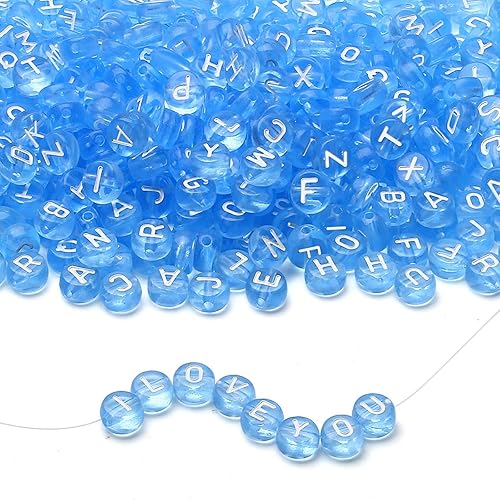 LAIDANLA 1500 cuentas de letras acrílicas del alfabeto, letras blancas, azules, transparentes, redondas, de 0.276 x 0.157 in, para joyería,