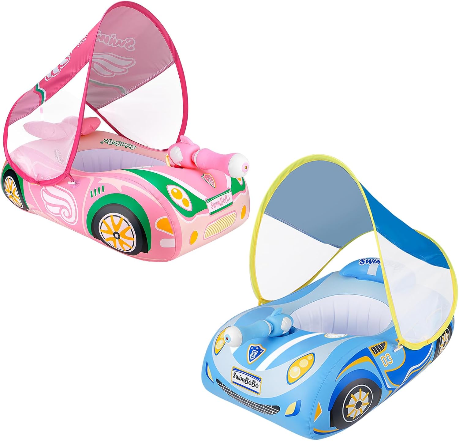 Swimbobo Toddler Pool Float Inflatable Car Baby Swim Float with Adjustable Sun Canopy and Safety Seat Pool Toys for Kids 3+ Years Old (2 Pack-Water Gun with Canopy)