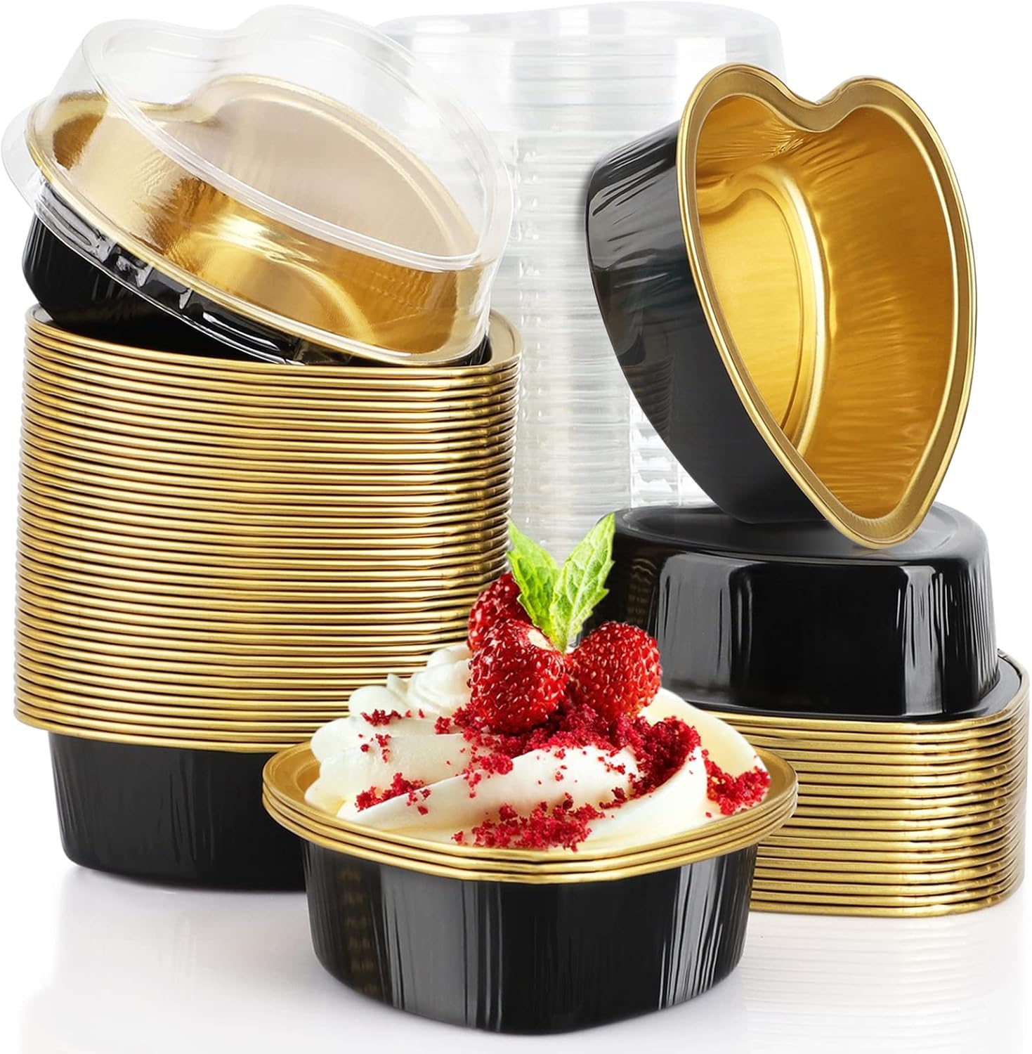 EUSOAR 3.4oz 50pcs Aluminum Foil Heart Shaped Baking Pans Cups with Lids Snacks Desserts Flan Cupcake Pie Ramekin for Wedding Party Favor-Black Gold