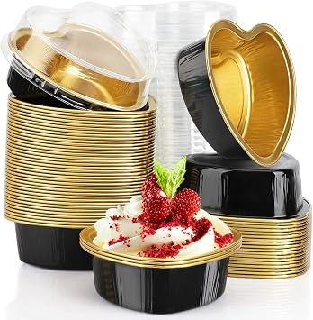 EUSOAR 3.4oz 50pcs Aluminum Foil Heart Shaped Baking Pans Cups with Lids Snacks Desserts Flan Cupcake Pie Ramekin for Wedding Party Favor-Black Gold