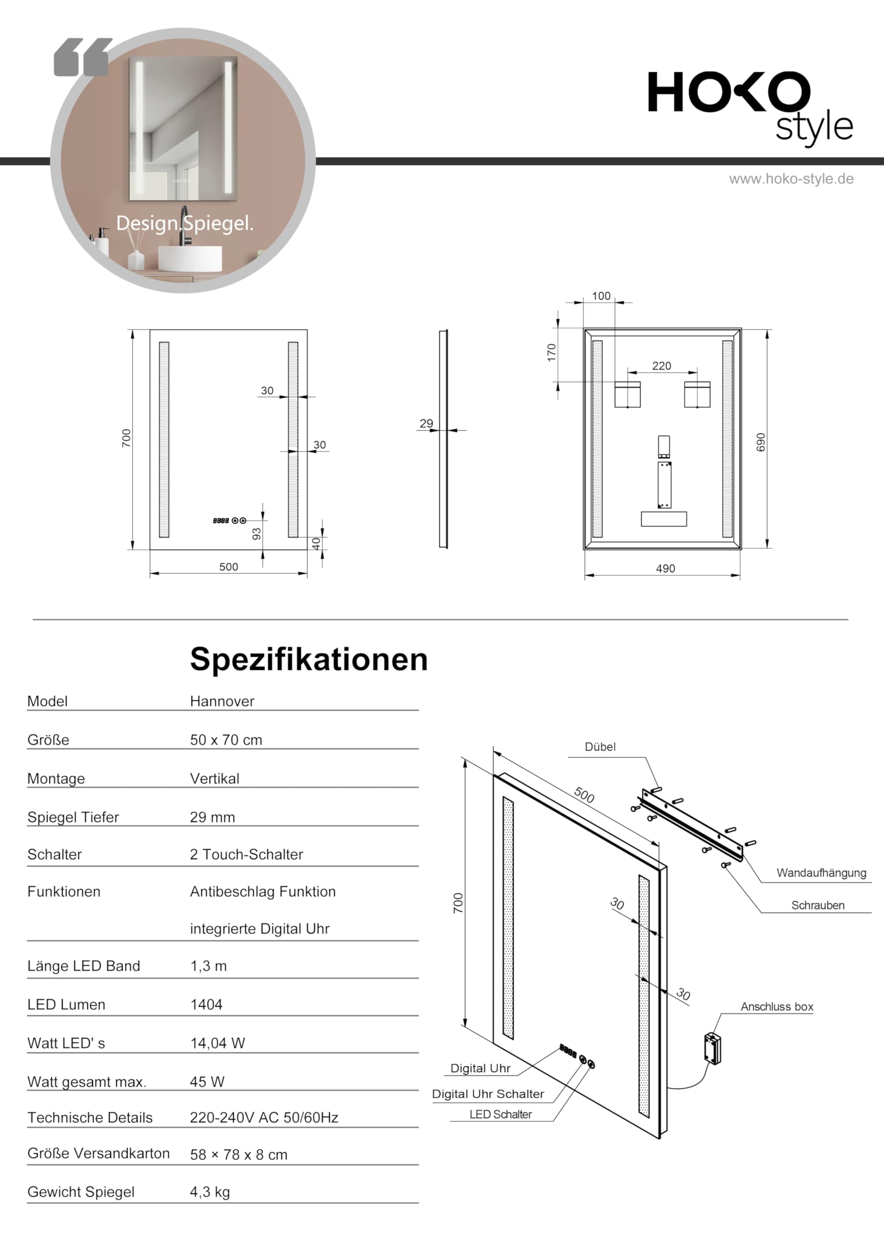 HOKO LED Badspiegel 50x70 cm. Mit Uhr + ANTIBESCHLAG SPIEGELHEIZUNG. Design Bad Spiegel mit Beleuchtung. + LED Wechsel - Warmweiß… – Ansicht 6