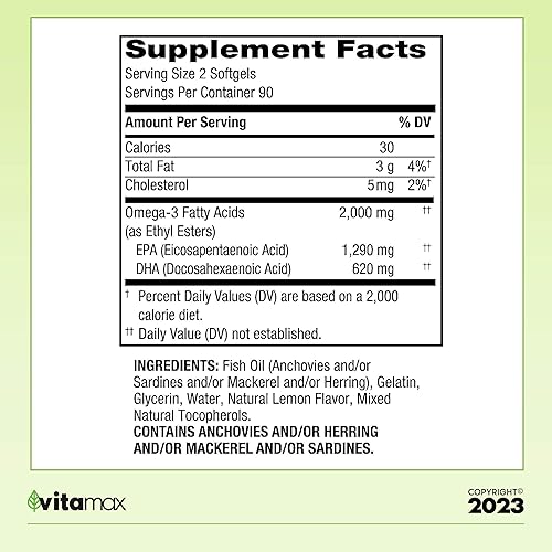 Miniatura 2 de Spring Valley Omega-3 de aceite de pescado 2000 mg, cuidado máximo, 120 unidades + guía exclusiva de vitaminas VitaMax (2 artículos)