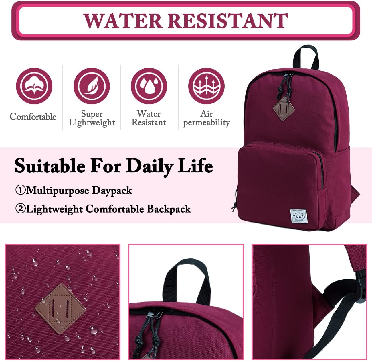 VASCHY School Backpack, Ultra Lightweight Backpack for Women Bookbag for Kids Teen Boys Girls Burgundy - Image 3