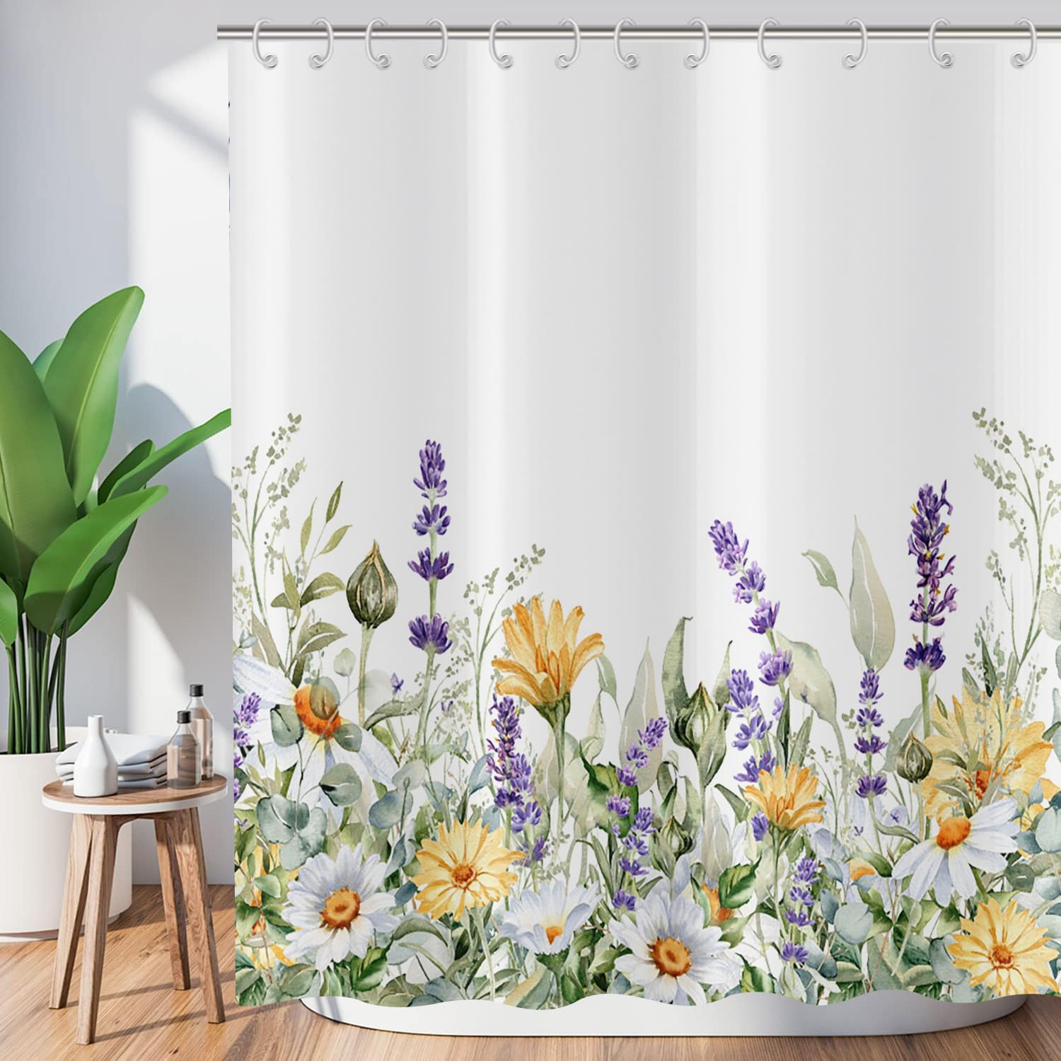 ASDCXZ Flower Shower Curtain 90x180 cm, Spring Hand Painted Purple Yellow White Flowers Green Leaves Bath Washable Shower Curtains Polyester Textile Waterproof Bath Curtain for Bathtub with 6 Hooks โ image 1