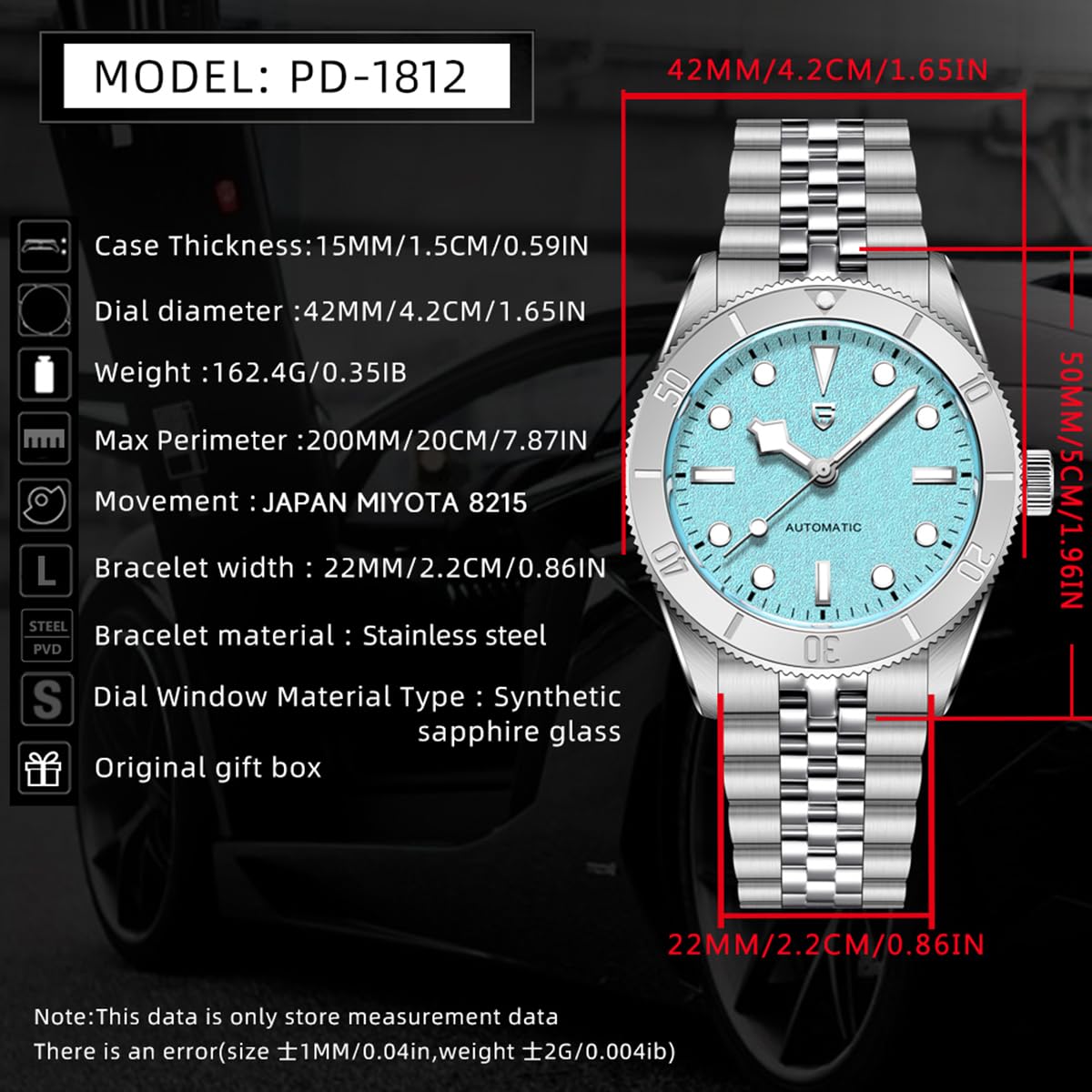 PAGANI DESIGN Orologio automatico da uomo, 42 mm, quadrante blu satinato, movimento giapponese Miyota 8215, cristallo zaffiro sintetico, cinturino in acciaio inox da 22 mm, orologio da polso meccanico
