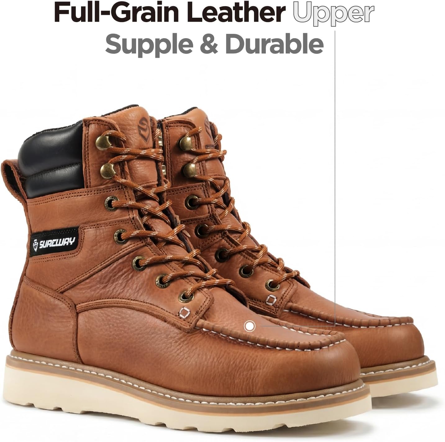 SUREWAY 8" Soft Toe Work Boots for Men – GoodyearWelt Full Grain Leather, Lace Up Moc Toe Work Shoes, EH Construction Oil/Slip Resistant, Durable Rubber Sole Boots for Warehouse, Factory, Daily Wear