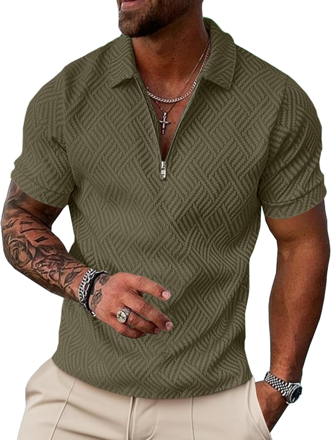 UOUA Men's Zipper Polo Shirts Short Sleeve Sweatshirts Soild Color Tops Striped Texture Casual Golf T