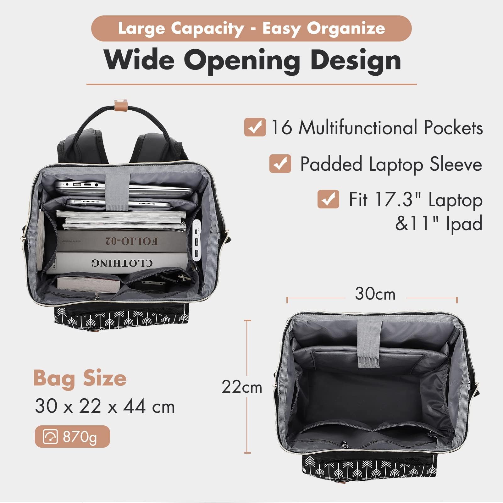 Lekesky Zaino Porta PC Donna 17 Pollici, Multiuso Antifurto Impermeabile per Laptop, Elegante per Viaggio, Ufficio, Università, Nero