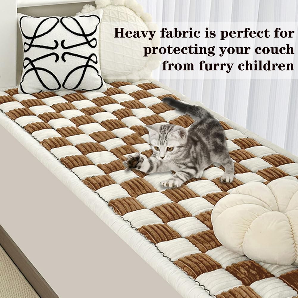 Fuzzy Chic Cotton Protective Couch Cover,Machine Washable & Non-Slip Pet Mat Bed Couch Cover,Garden Sofa Cover Cream-Coloured Plaid Pet Mat for Most Cats Dogs,Pets (dark coffee, 27.6*59.1inch)