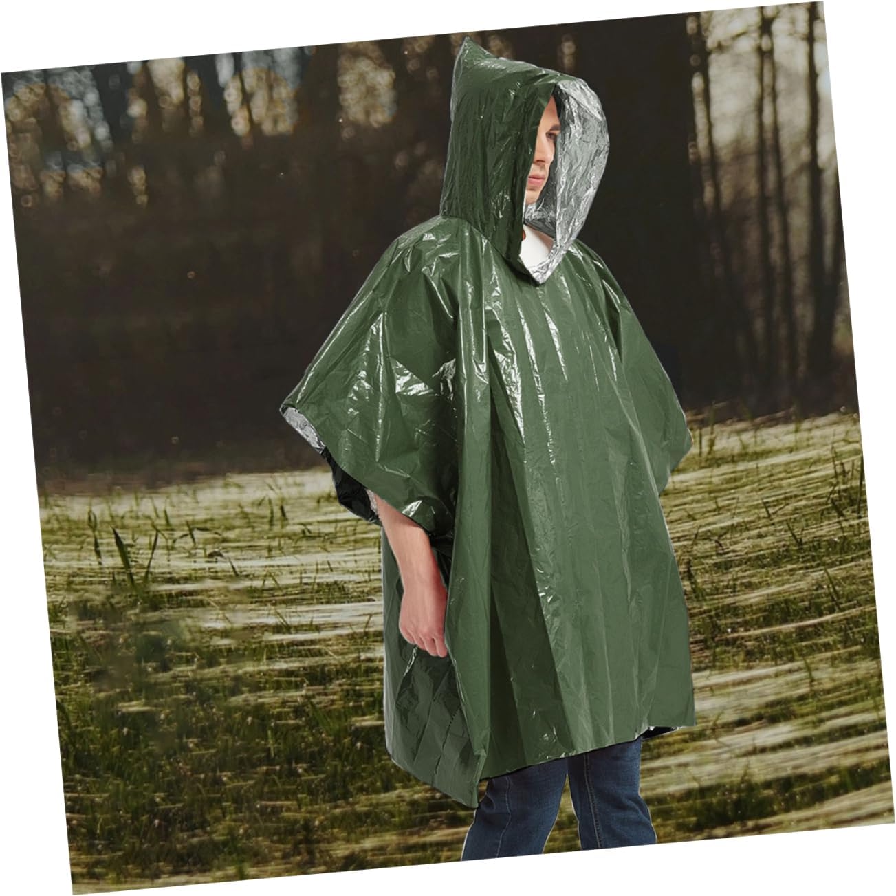 1pc Emergency Rain Poncho for Adults Disposable Camping Raincoat Hood Lightweight Portable for Hiking Outdoor Activities and Survival Use Pe Aluminum Film Design