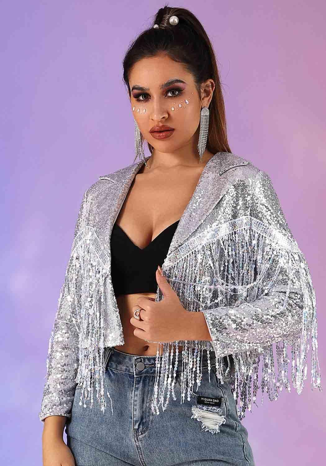 EVILD Fringe Jacket Silver Sequin Blazer Cowboy Outfits for Women - Image 6