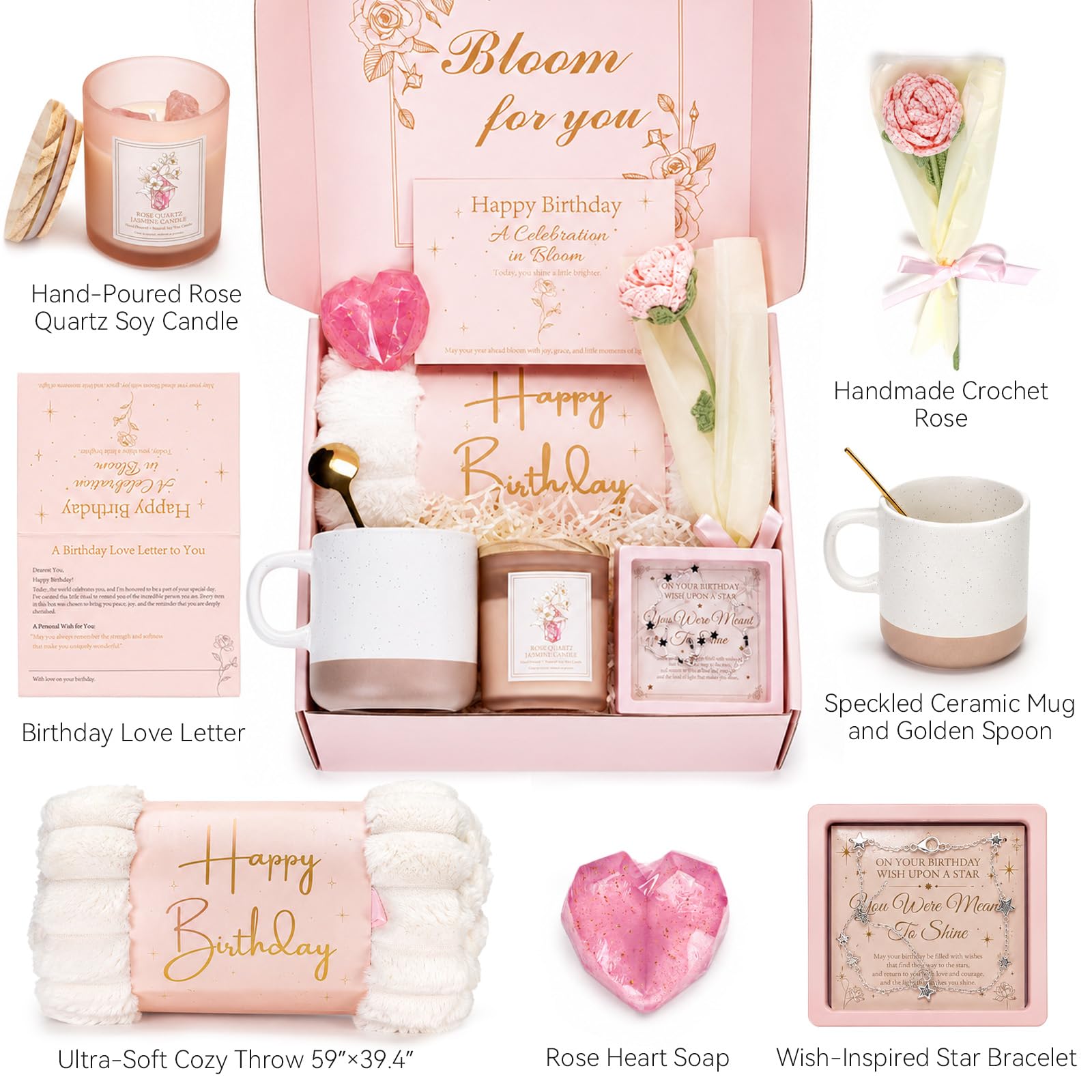 Candeldo Cesta de regalo de cumpleaños para mujer: caja de regalo de feliz cumpleaños, ideas para mejores amigas, regalo único rosa para el cuidado personal para la mujer, mamá, hermana que merece un