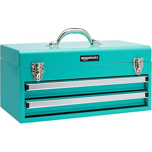 Amazon Basics Metal Tool Box with Drawers, Storage and Organization Tool Chest, Powder Coat Finish, 18.1 x 8.7 x 9.5 in, Turquoise