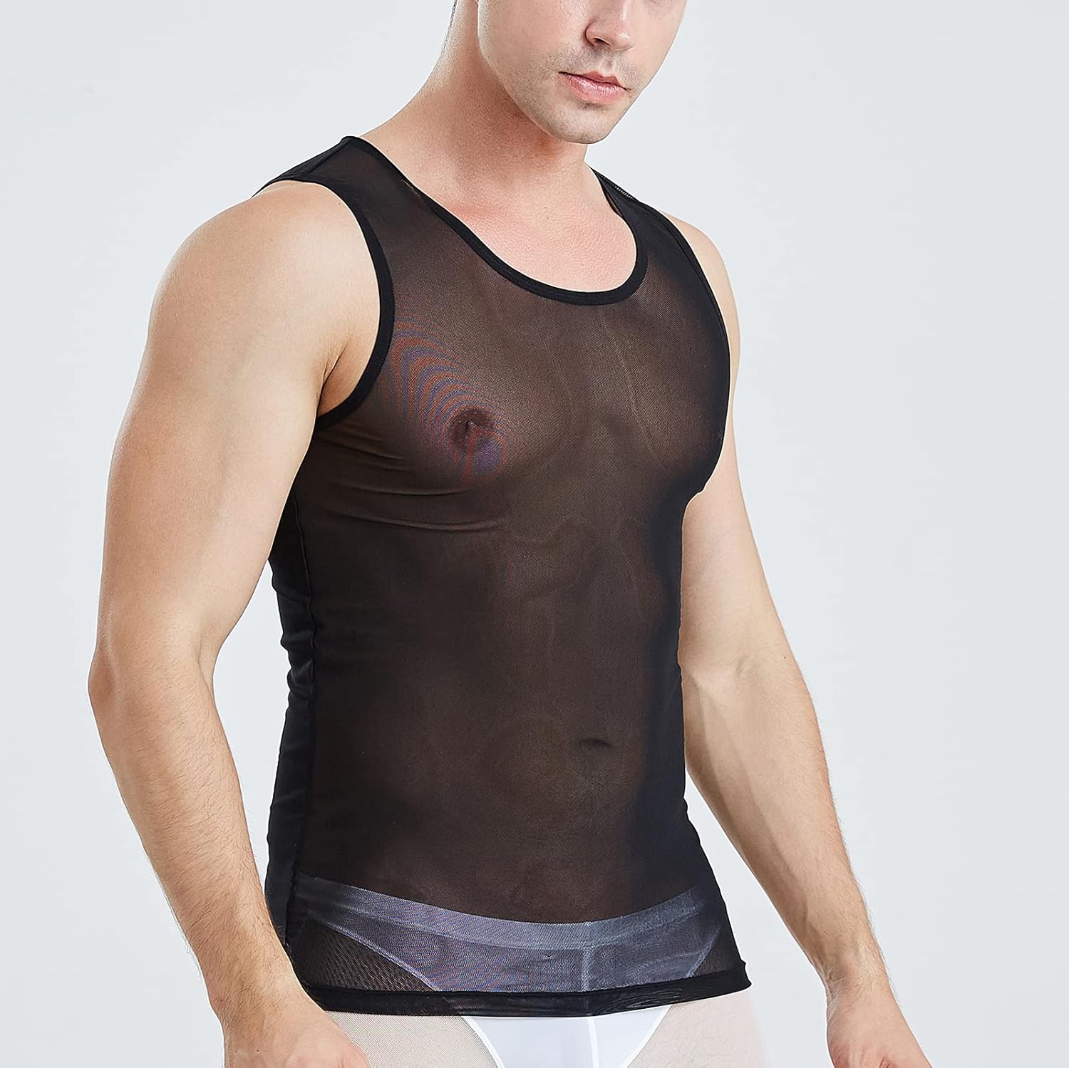 ABAFIP Men's Mesh Sheer Rave Tank Tops Summer Undershirt Semi See Thru Fitted Gym Workout Muscle Vest - Image 5