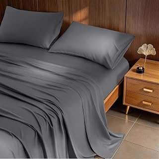 4 Piece Sheet Set, 100% Rayon Derived from Bamboo, Cooling & Breathable, Soft Silky Deep Pocket up to 16", Hotel Luxury Bedding for Hot Sleepers(Queen, Dark Grey-7)